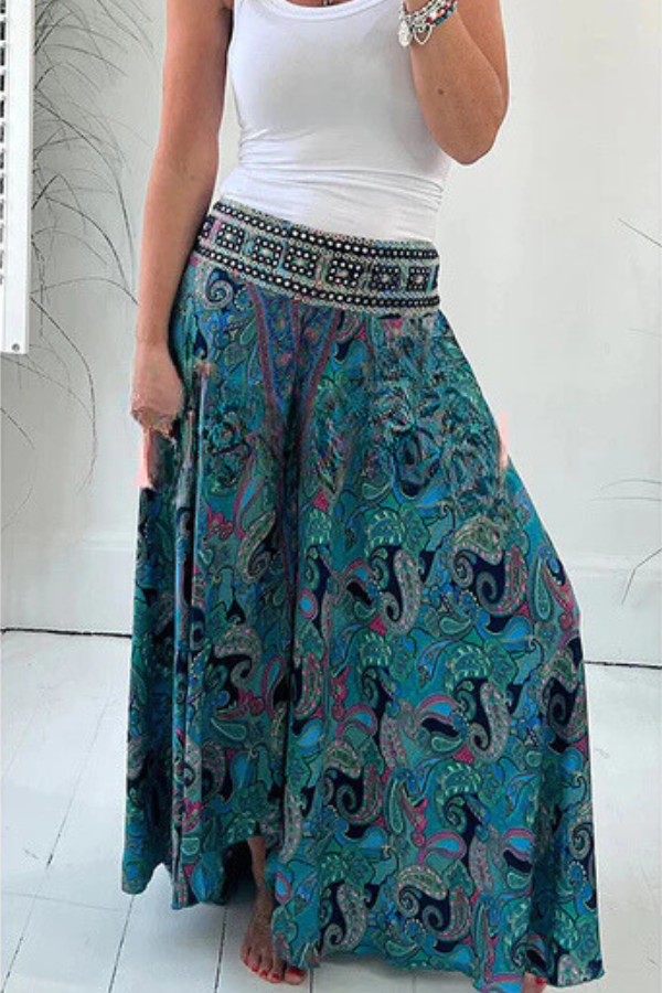 Paisley Print Elastic Patchwork Waist Pocketed Lightweight Pants
