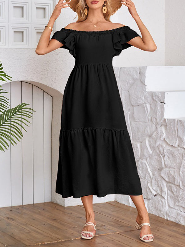 A-line Loose Elasticity Pleated Ruffled Color Split-joint Off-the-shoulder Midi Dresses