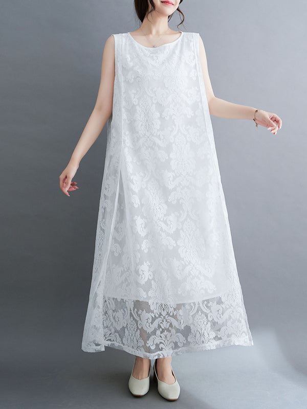 A-line Loose Lacy See-through Color Split-side Round-neck Midi Dresses