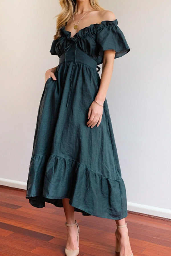 Ruffled Edge Off Shoulder Midi Dress