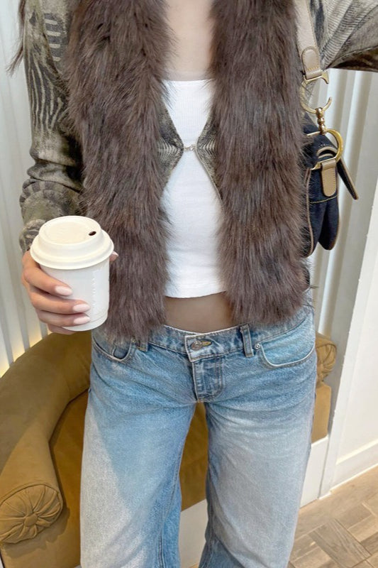 Retro Y2k Fuzzy Paneled Versatile Knit Cardigan