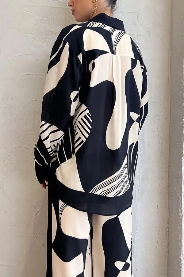 Black and White Printed Lapel Loose Two-piece Set