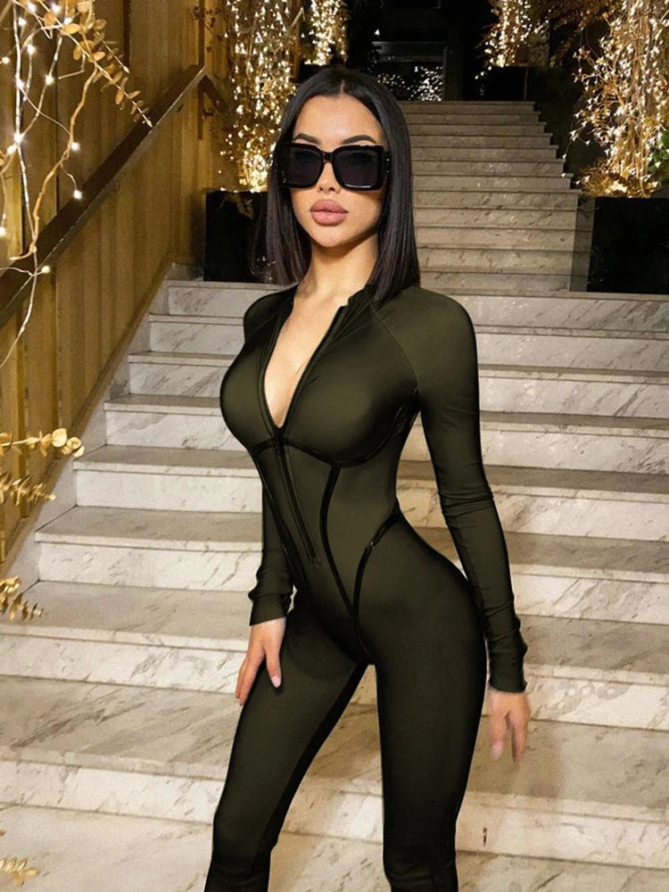 Zipper Jumpsuit Long Sleeve Bandage Tights Jumpsuits Female Party Bodycon Stretch Sporty & Leisure
