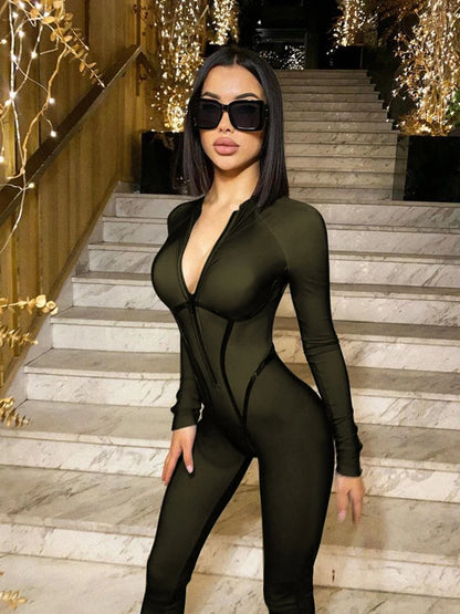 Zipper Jumpsuit Long Sleeve Bandage Tights Jumpsuits Female Party Bodycon Stretch Sporty & Leisure