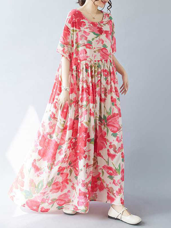 A-line Batwing Sleeves Flower Print Pleated Split-joint Round-neck Midi Dresses