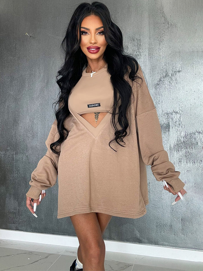 Loose Color Round-neck Mini Dresses & Vest Top Two Pieces Set