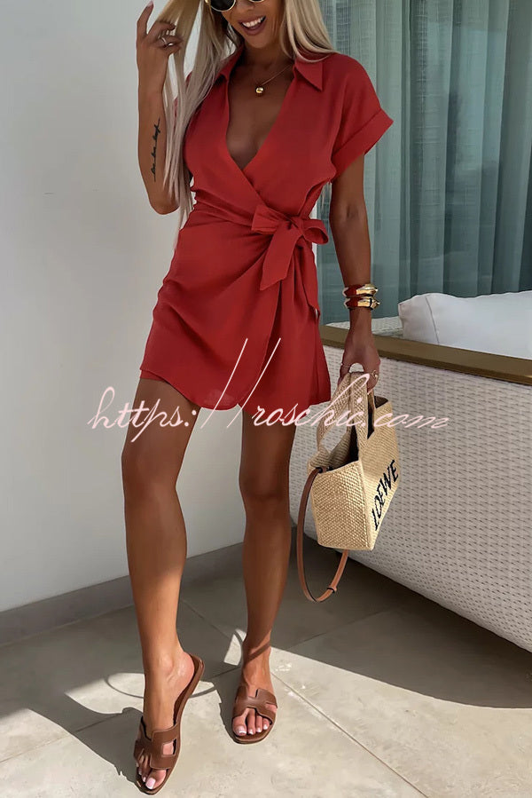 Relaxing Beach Linen Blend Color Wrap Loose Shirt Romper