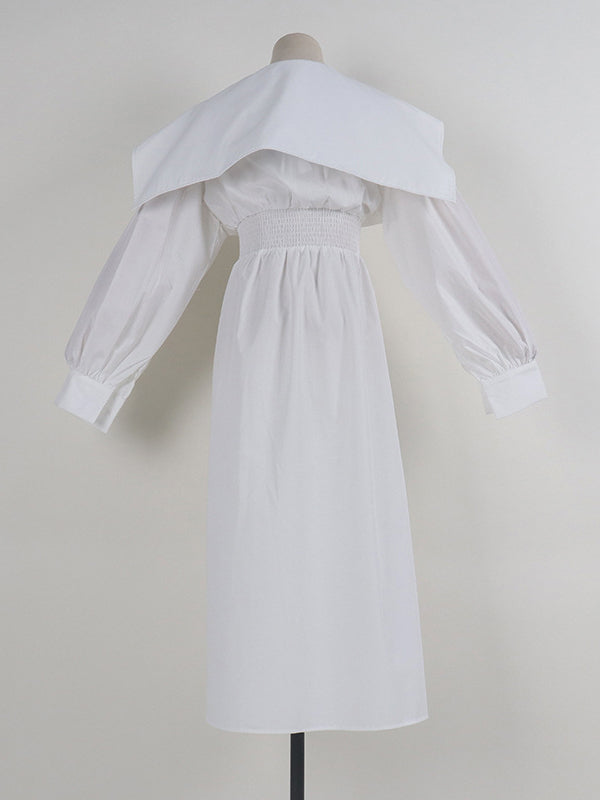 High Waisted Long Sleeves Asymmetric Belted Pleated Color Lapel Midi Dresses