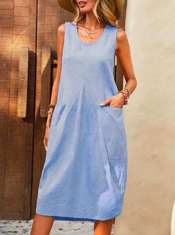 Loose Sleeveless Pleated Color Split-joint Round-neck Midi Dresses