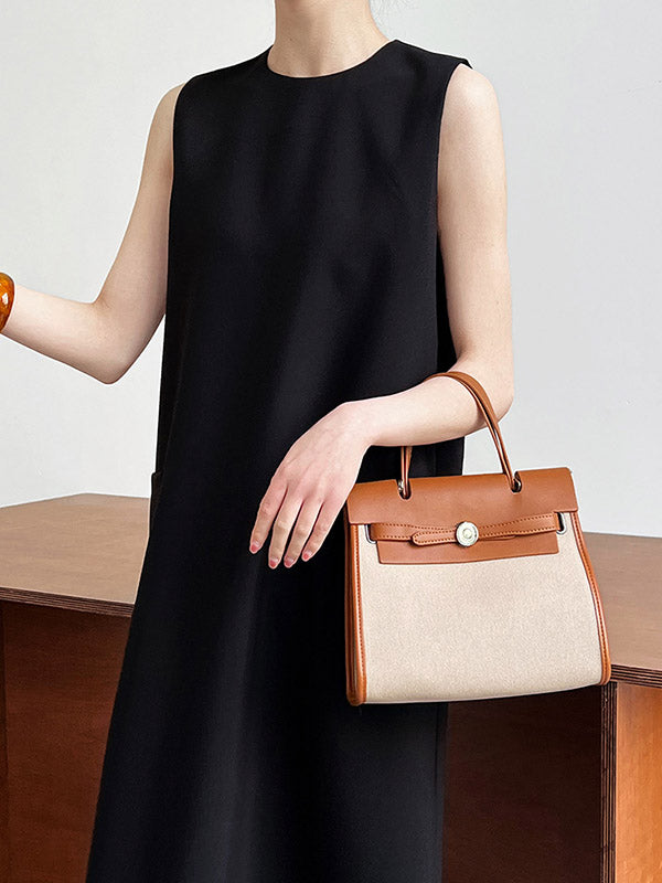 High Waisted Loose Pockets Color Split-back Zipper Round-neck Midi Dresses