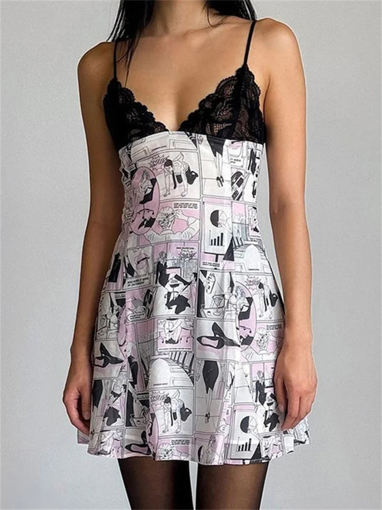 Lace Printed Halter Dresses ’s V-neck Backless Contrast Spaghetti Night Club Clothes Female Mini Dress