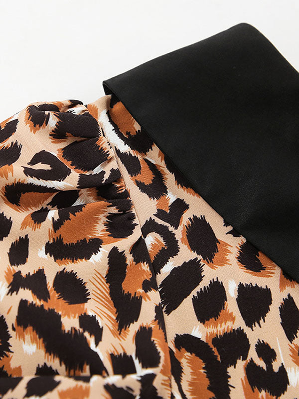 Loose Puff Sleeves Leopard Pleated Printed Split-joint Peter Pan Collar Mini Dresses Shirt Dress