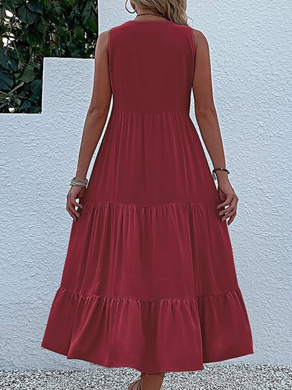 Loose Sleeveless Pleated Split-joint V-neck Midi Dresses