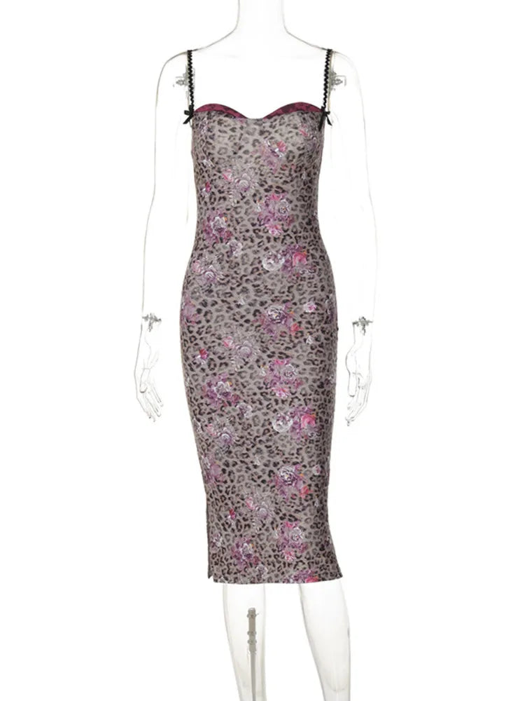 Leopard Print Midi Dress for Spaghetti Strap Sleeveless Backless Bodycon Slit Long Dress