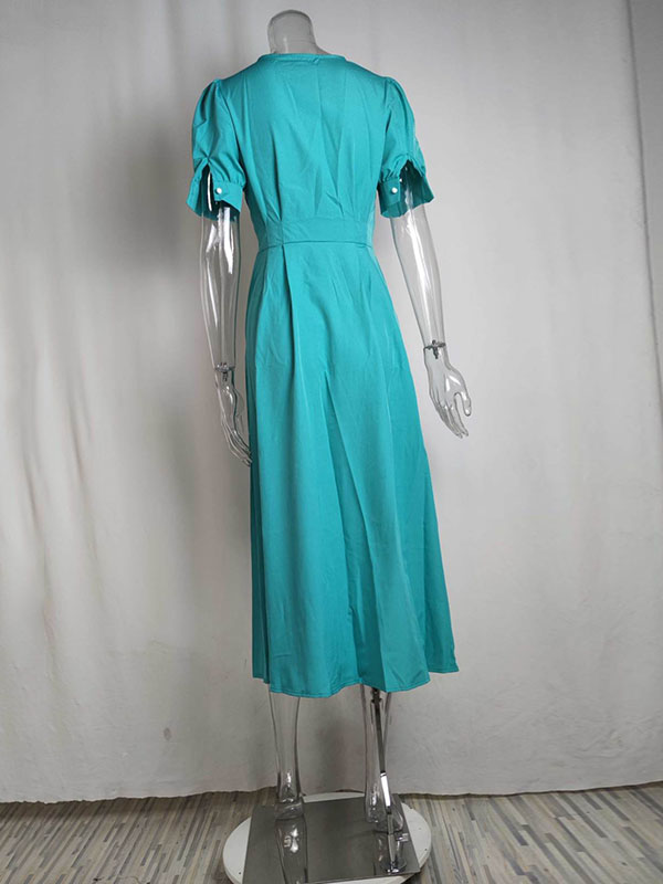 High Waisted Loose Buttoned Round-neck Midi Dresses