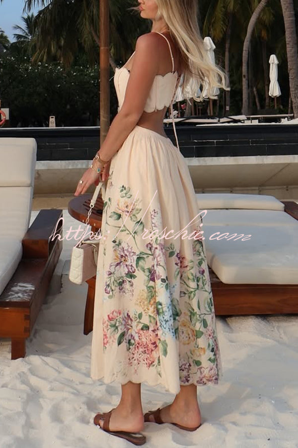 Cabo Sunsets Print Petal Trim Back Lace-up Midi Dress