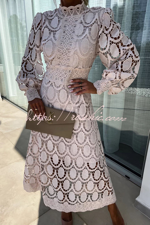 Romantic, Sensual and Crochet Lace Lantern Sleeve Party Midi Dress