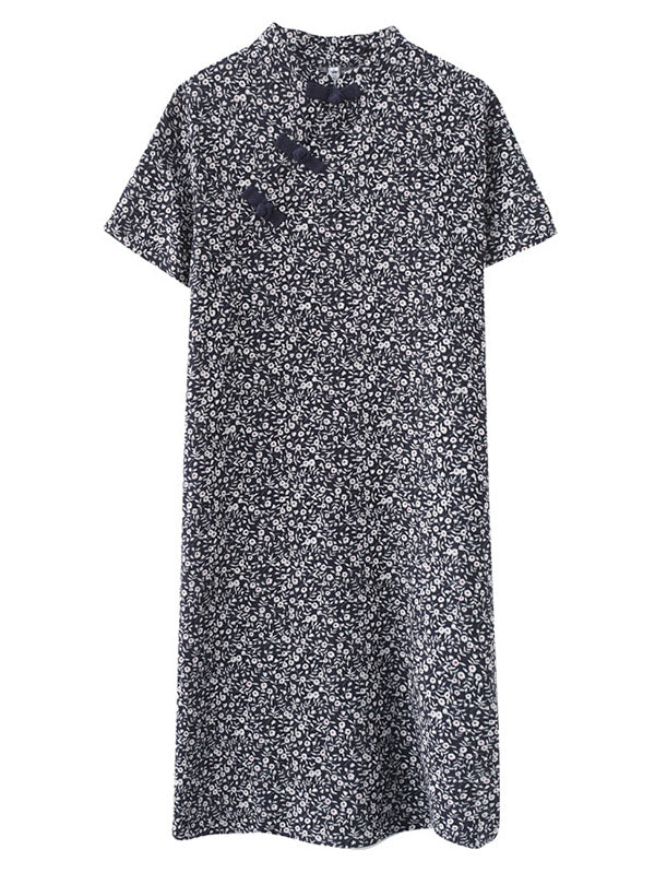 Artistic Retro Printed Stand Collar Short Sleeves Cheongsam Midi Dress