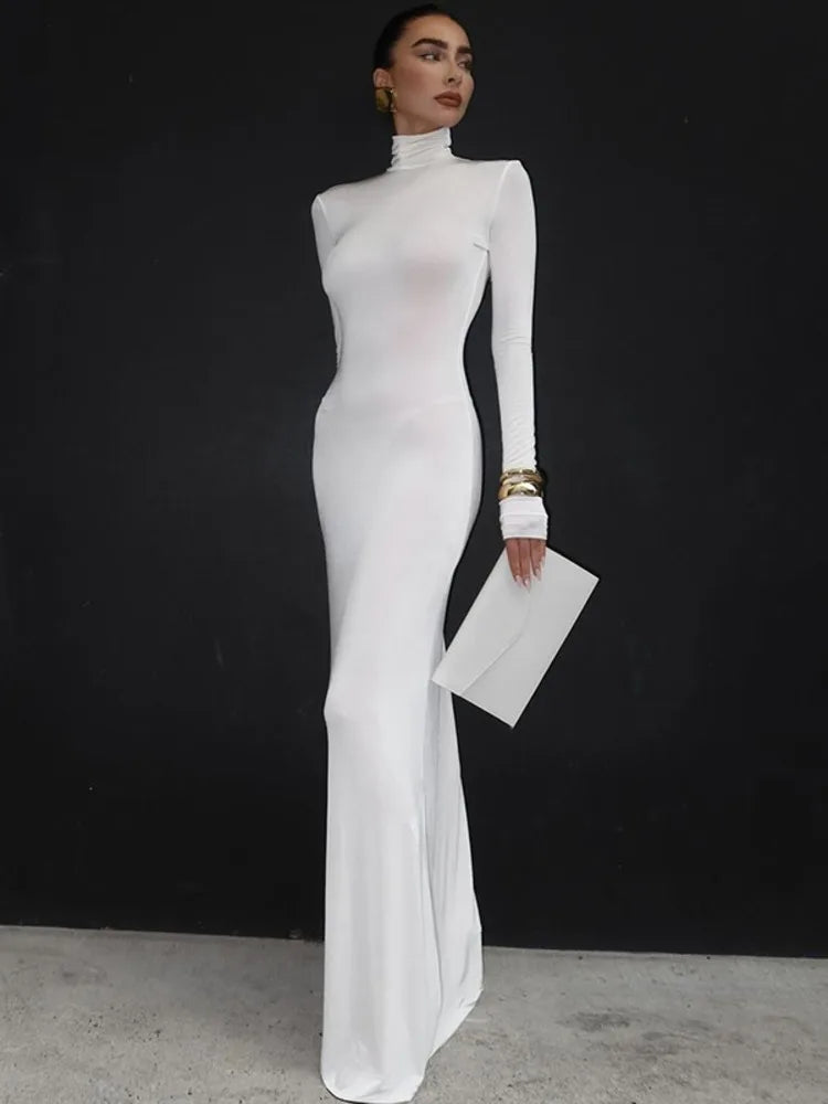 Turtleneck Long Sleeve Maxi Dress Gown Autumn Winter New Long Dress Femme Floor-length Dress