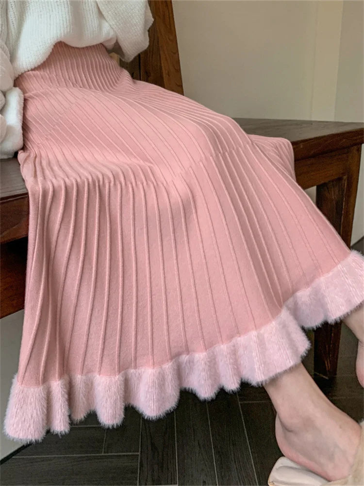 High Waist Ruffled Pleated Skirts Autumn Long Skirt Loose Pleated Ribbed Maxi Skirt