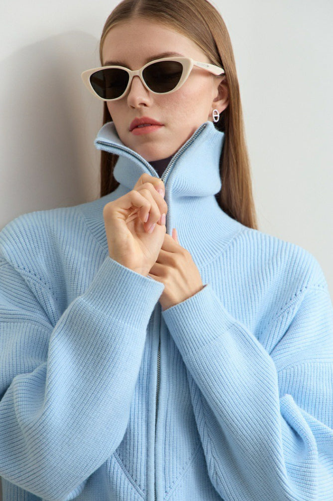 Naval-collar Zip Lazy-style Thick Knit Cardigan