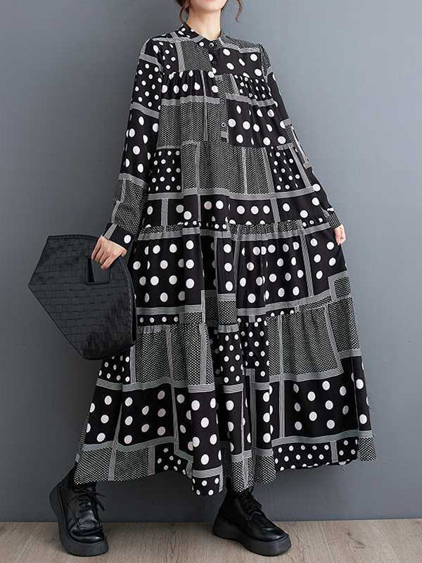 Long Sleeves Loose Buttoned Polka-dot Printed Split-joint Midi Dresses