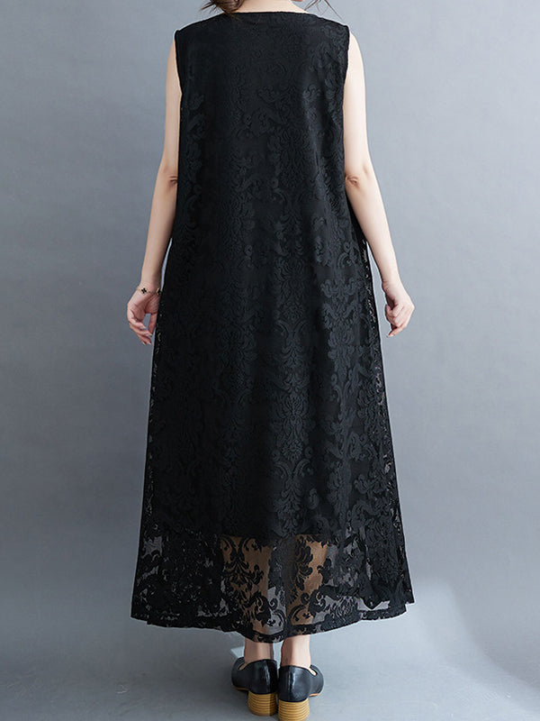 A-line Loose Lacy See-through Color Split-side Round-neck Midi Dresses