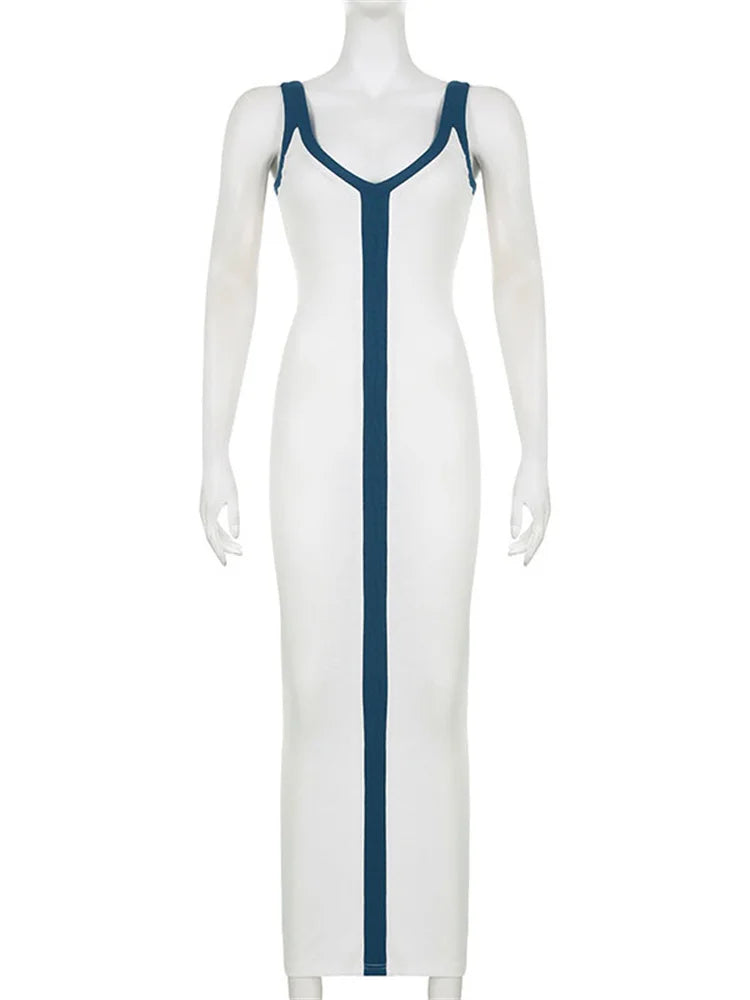 Patchwork Contrast Slim Maxi Dress Female Off-shoulder V-neck Party Dress High Waist Beach Holiday Outfits Long Dress