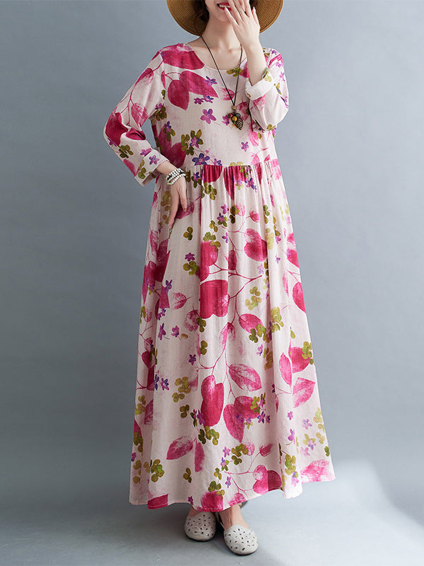Long Sleeves Loose Flower Print Split-joint Round-neck Midi Dresses