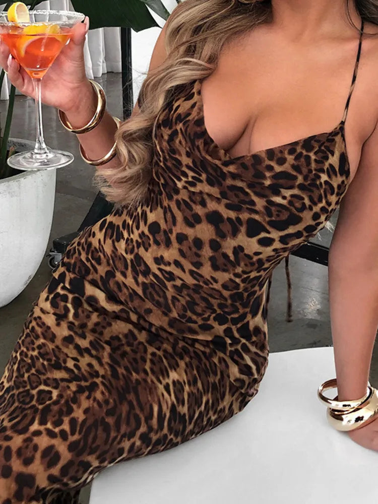 Leopard Print Maxi Dress for Summer Club Party Dresses Female Spaghetti Strap Sleeveless Long Dress