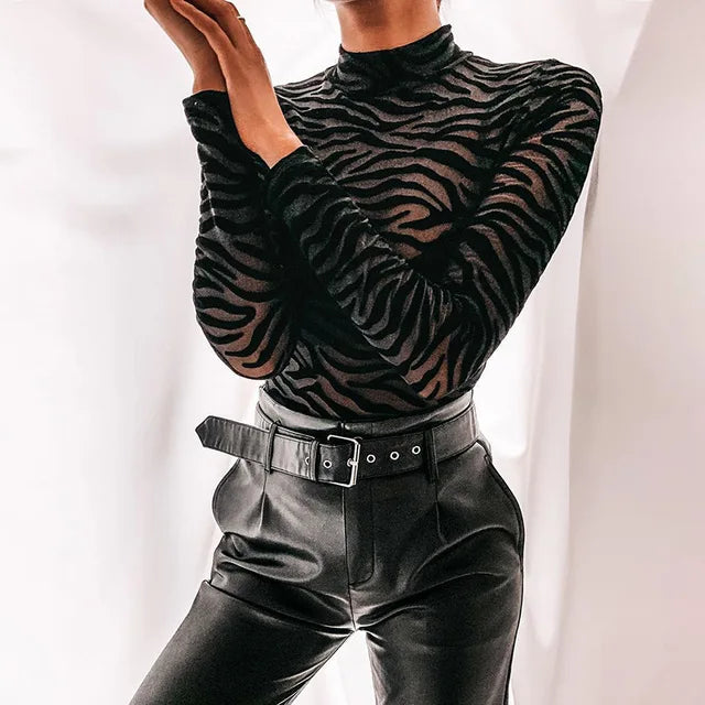 Black Mesh Transparent Bodysuit Long Sleeve Slim Skinny Stripe Mock Neck Rompers Lady Party Club Body