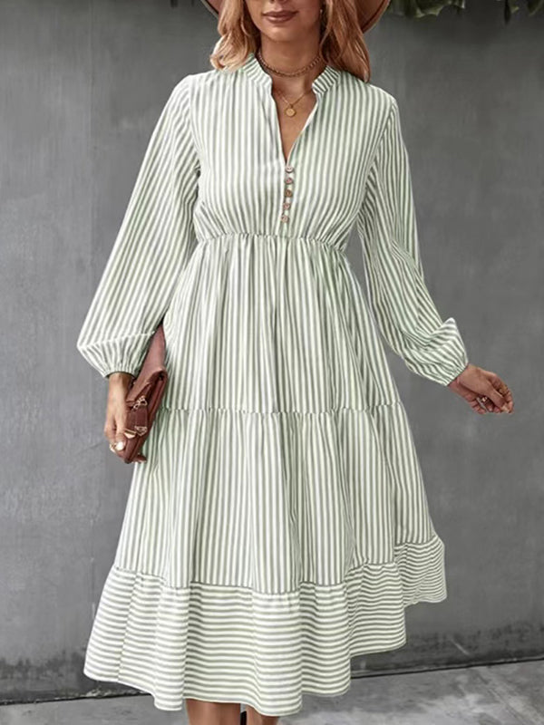 Loose Puff Sleeves Pleated Split-joint Striped V-neck Midi Dresses Shirt Dress