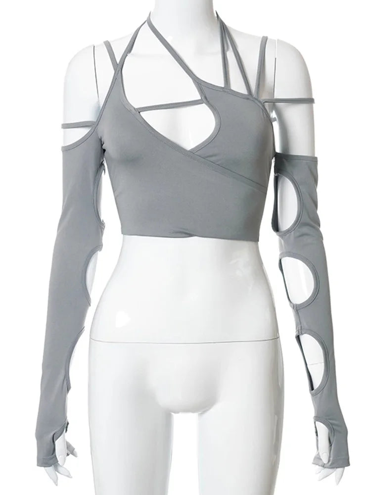 Punk Halter Tops Gothic Egirl Patchwork Long Sleeve Crop Top Cut Out T-shirts