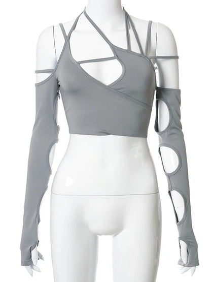 Punk Halter Tops Gothic Egirl Patchwork Long Sleeve Crop Top Cut Out T-shirts