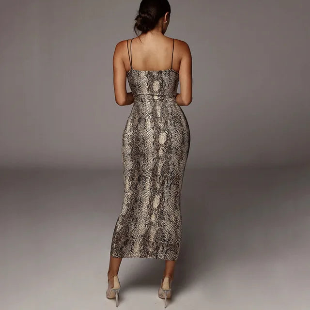 Leopard Print Sleeveless V-neck Midi Dress Spring Christmas Party Outfits