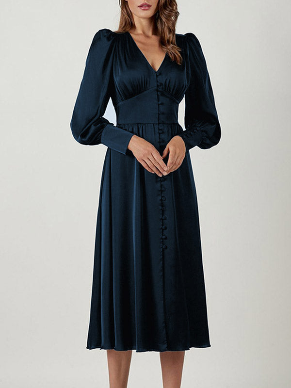 A-line High Waisted Buttoned Pleated Color V-neck Midi Dresses