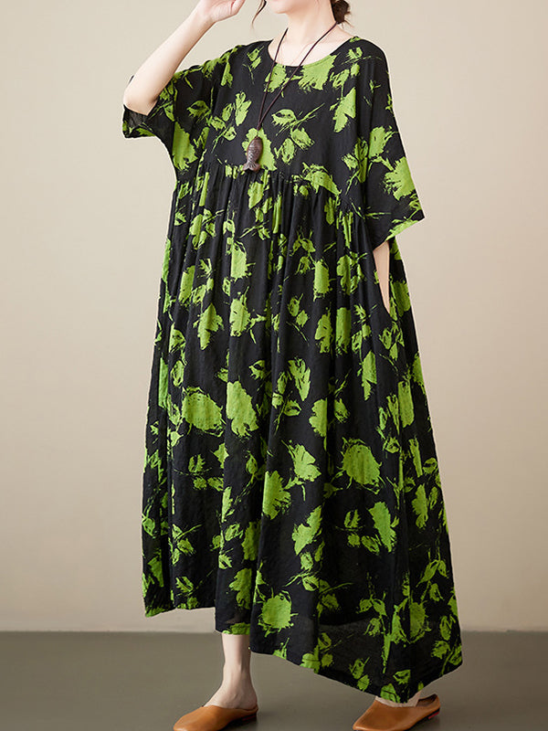 Loose Pleated Round-neck Midi Dresses