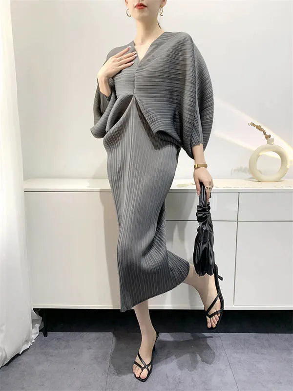 Original Creation Loose Batwing Sleeves Pleated Color V-neck Midi Dresses