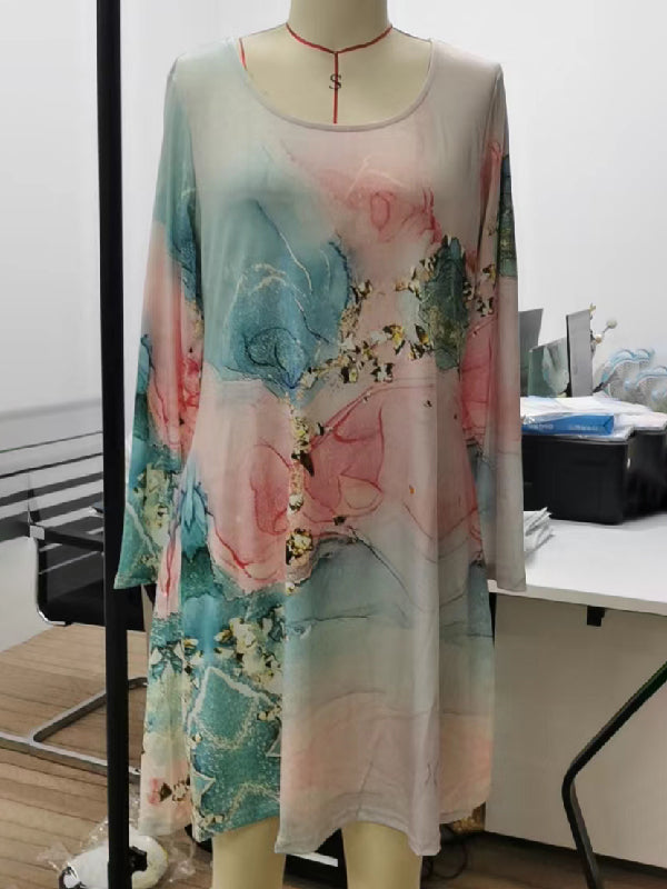 Long Sleeves Flower Print Multi-colored Printed Round-neck Midi Dresses