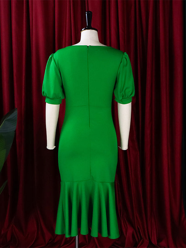 Bodycon Mermaid Pleated Color Zipper V-neck Midi Dresses