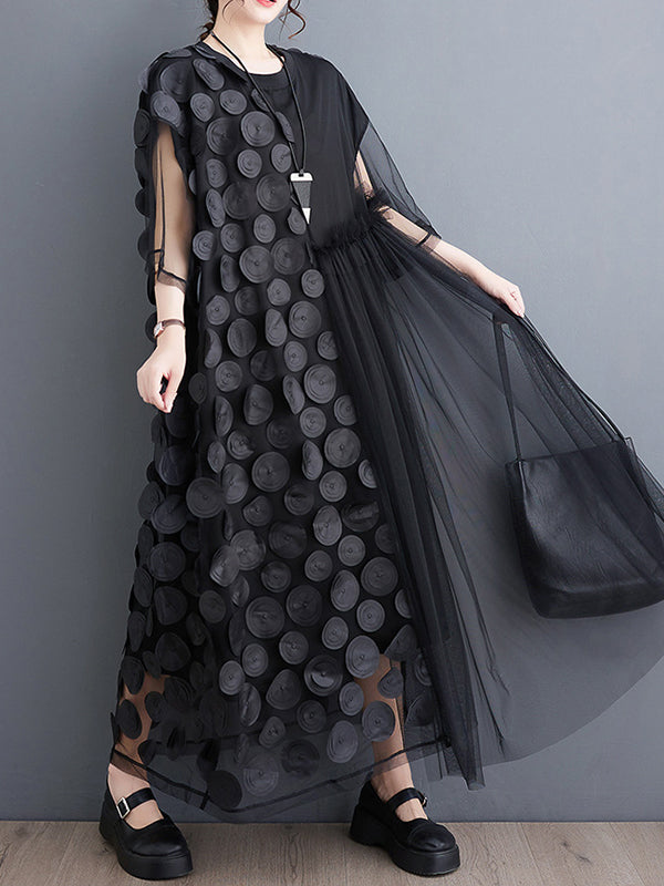 Loose Short Sleeves Asymmetric Gauze Split-joint Round-neck Midi Dresses