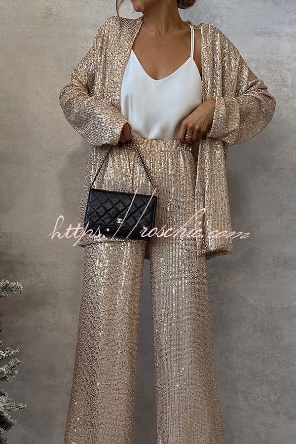 Party Scene Sequin High Rise Elastic Waist Wide Leg Pants