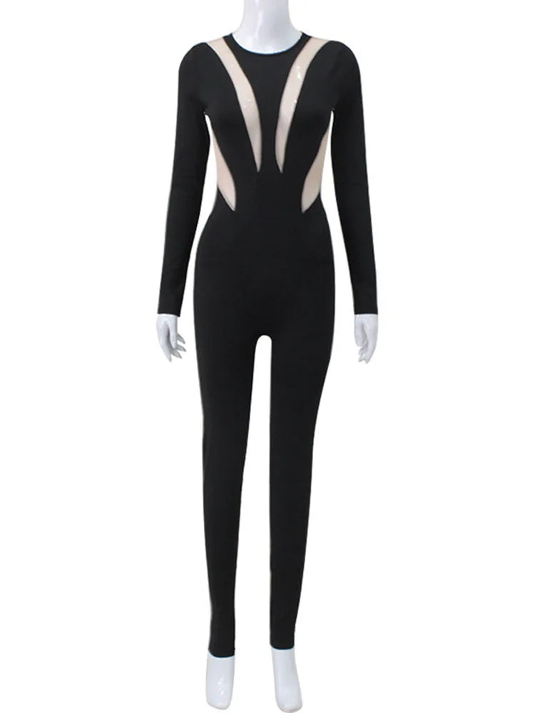 Mesh Stitching Jumpsuit Long Sleeve Bodycon One Piece See Through Monos Mujer Elegante Club ’s Playsuit
