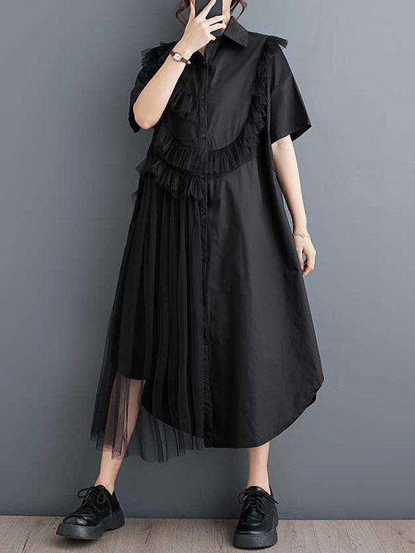 A-line Half Sleeves Asymmetric Buttoned Ruffled Color Split-joint Lapel Midi Dresses Shirt Dress