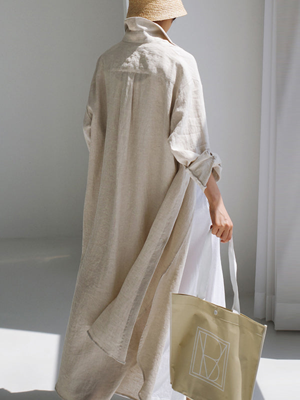 Simple Long Sleeves Split-side Color Lapel Midi Dresses Shirt Dress
