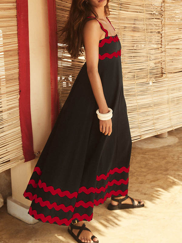 A-line High Waisted Contrast Color Zipper Square-neck Midi Dresses