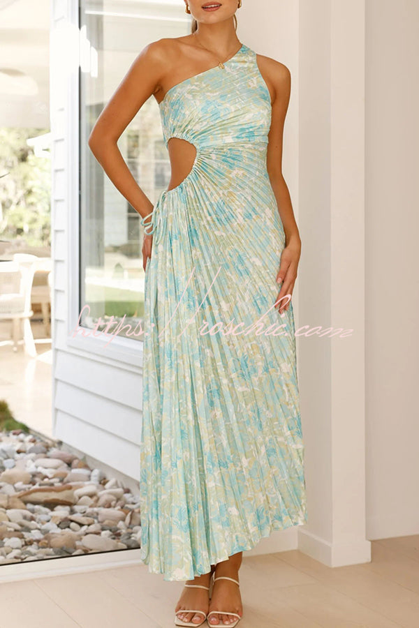 Laken Print One Shoulder Adjustable Tie Cutout Pleated Maxi Dress