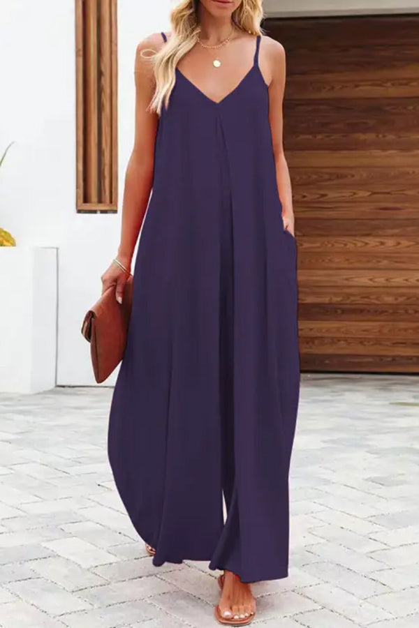 Color Side Pocket Wide-leg Suspender Jumpsuit