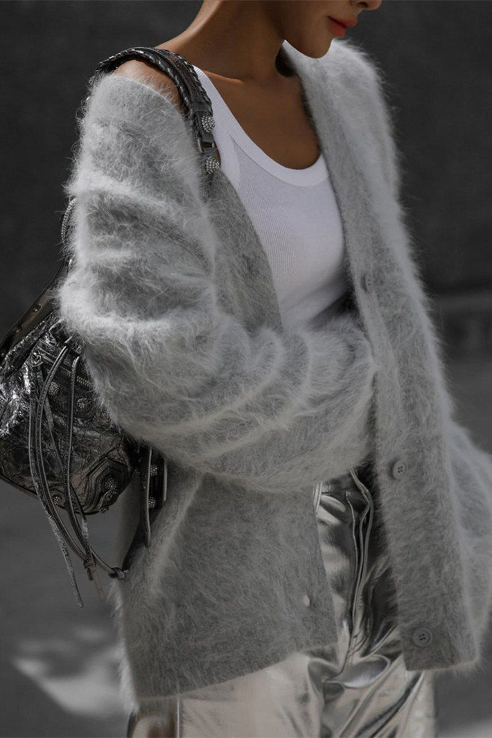 V-neck Fluffy Knit Cardigan Sweater