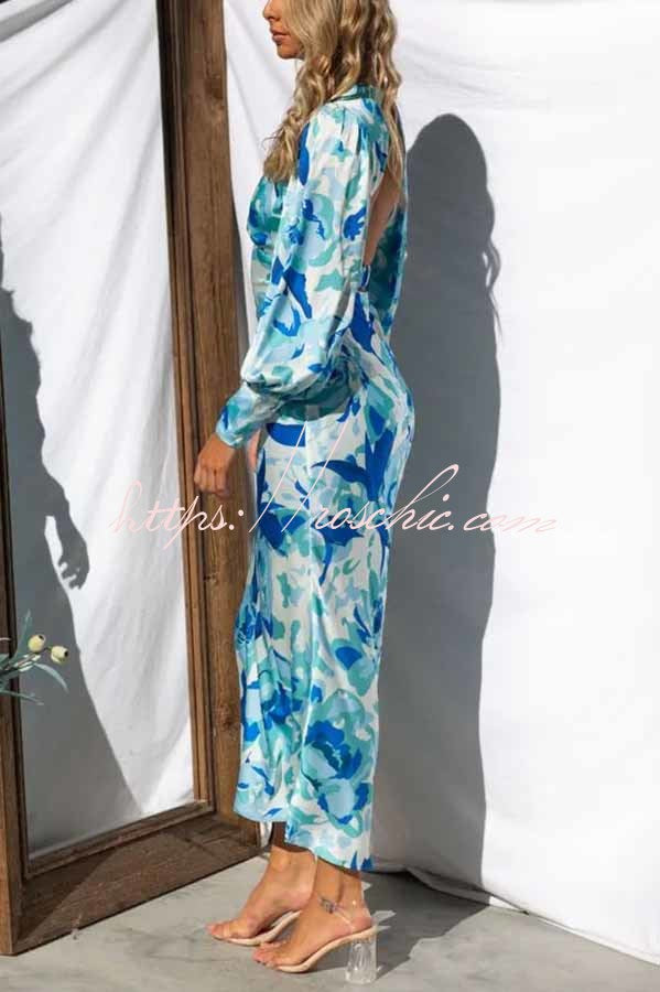 Bouquet Satin Elastic at Back Midi Dress